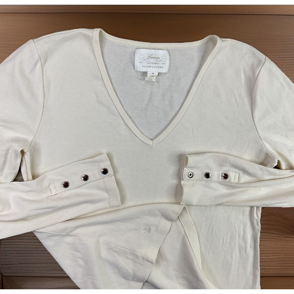 Ralph Lauren Top Womens M V-Neck Ivory Y2K Long Sleeve Metal Buttons Top Vintage